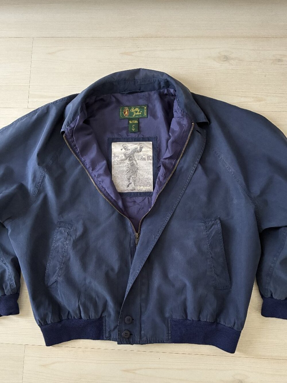 Vintage Bobby Jones 100% Silk Bomber Jacket Navy Blue Golf Core Men's Size L